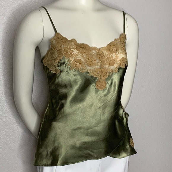 Love Potion Tops - Love Potion olive lace neckline satin cami size L.